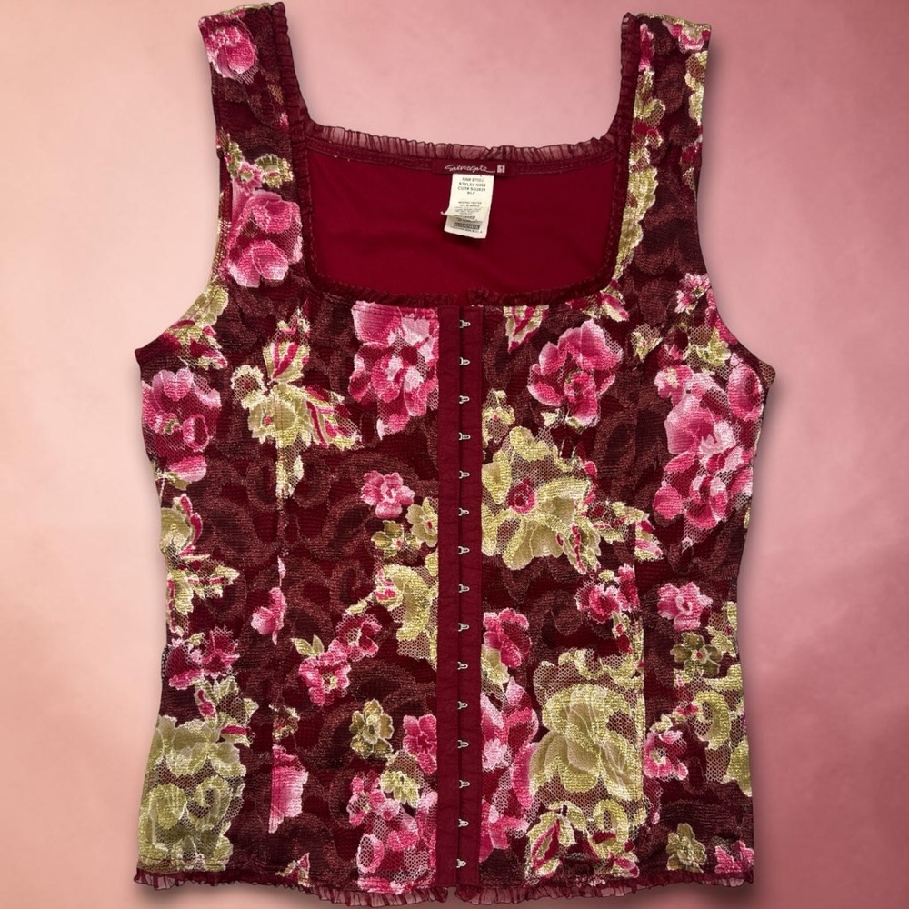 Vintage Grunge Fairycore Lace Floral Hook Front Tank Corset L Top Y2K  Coquette